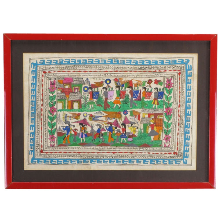 Hand Painted Folk Art Tapestry of A Mexican Village