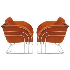 Pair Of Milo Baughman Chrome Bar & Persimmon Velvet Club Chairs