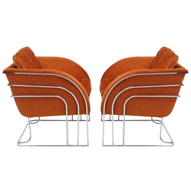 Pair Of Milo Baughman Chrome Bar & Persimmon Velvet Club Chairs