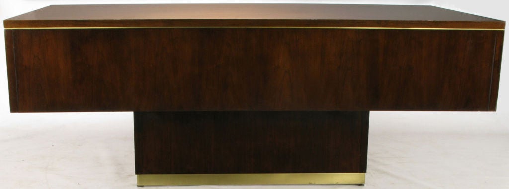 Mid-20th Century Cantilevered Sides Walnut & Brass Modern Executive Desk