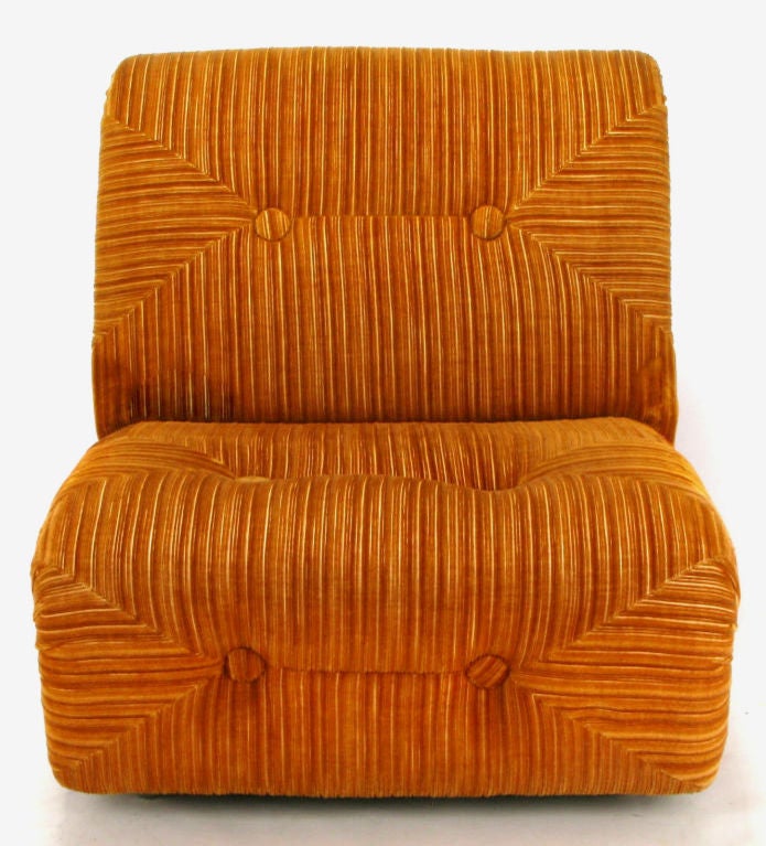 Wood Art Deco Revival Club Chair In Orange Striped Cut Velvet