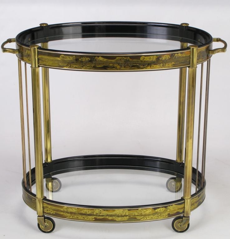 Bernhard Rohne Etched Brass & Glass Mastercraft Oval Bar Cart