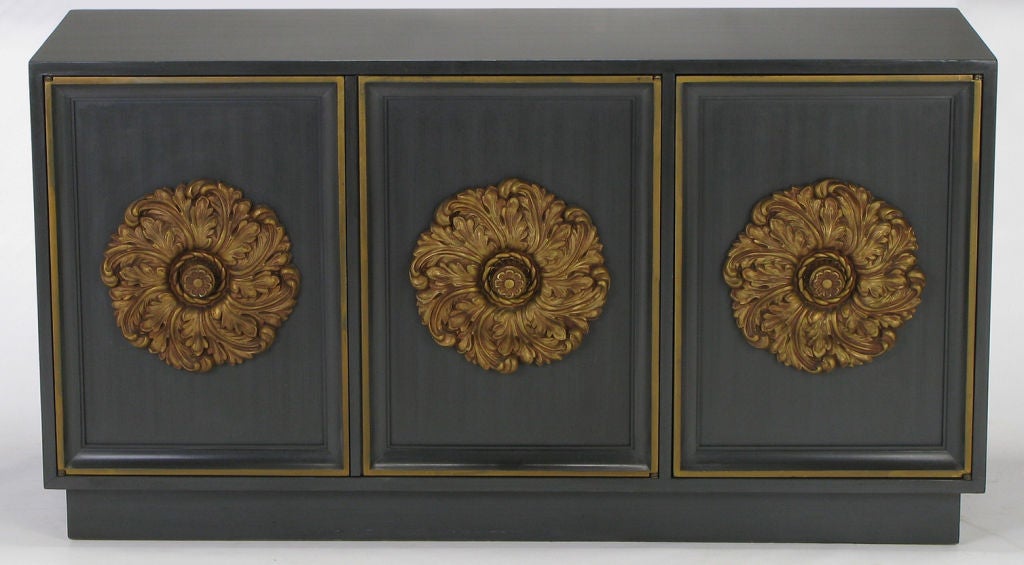 Glazed Steel Blue Three-Door Cabinet With Large Gilt Rosettes
