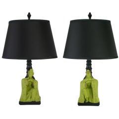 Pair Green & Black Glazed Ceramic Asian Character Table Lamps