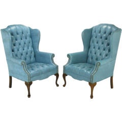 Vintage Pair Button-Tufted Columbia Blue Wing Chairs