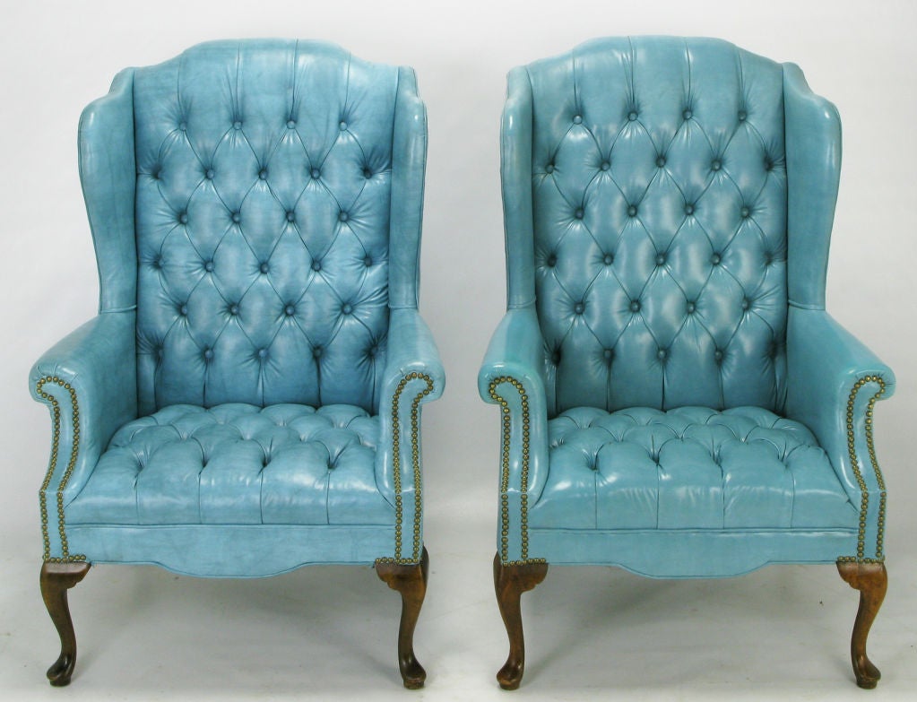 American Pair Button-Tufted Columbia Blue Wing Chairs