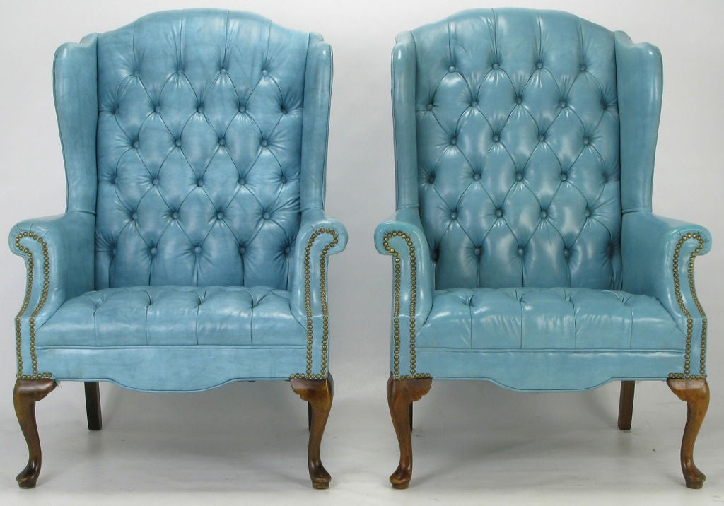 Late 20th Century Pair Button-Tufted Columbia Blue Wing Chairs