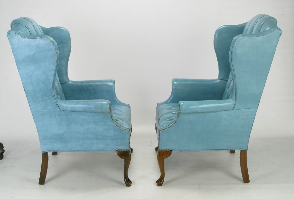 Pair Button-Tufted Columbia Blue Wing Chairs 1