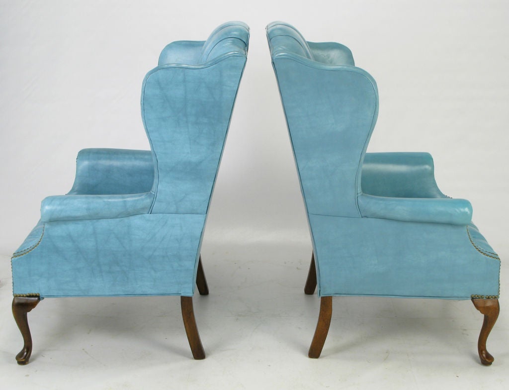 Pair Button-Tufted Columbia Blue Wing Chairs 2