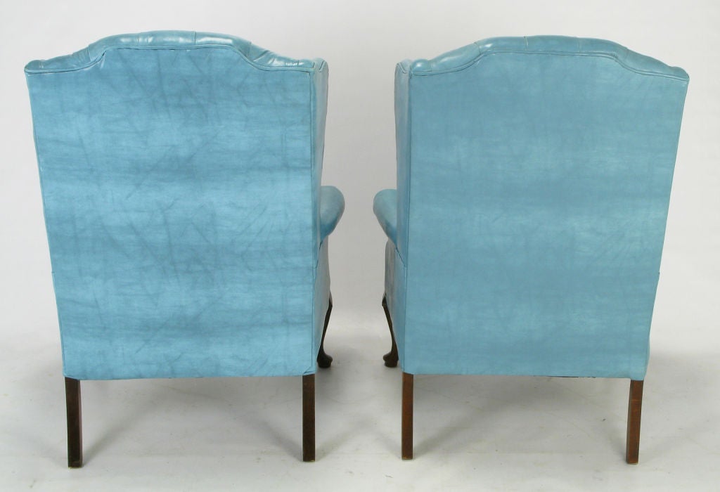Pair Button-Tufted Columbia Blue Wing Chairs 3