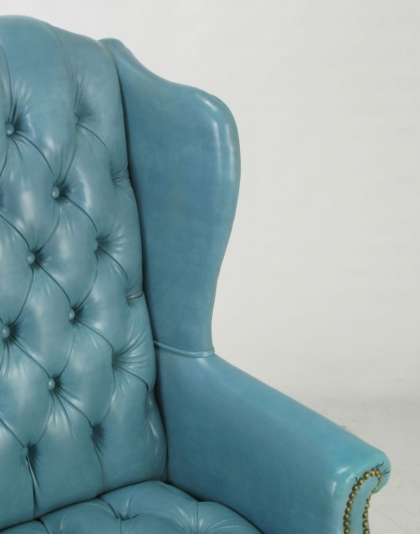 Pair Button-Tufted Columbia Blue Wing Chairs 4