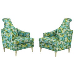 Pair Sculptural High Back Club Chairs With Quilted Upholstery