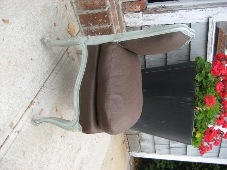 Charming Louis XV style boudoir chair with painted frame and all new upholstery in a glazed chocolate linen, scrumptious!