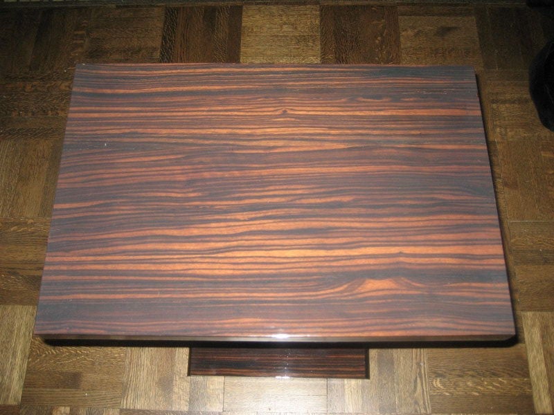 Great side table in makassar wood veneer with ebonized pedestal