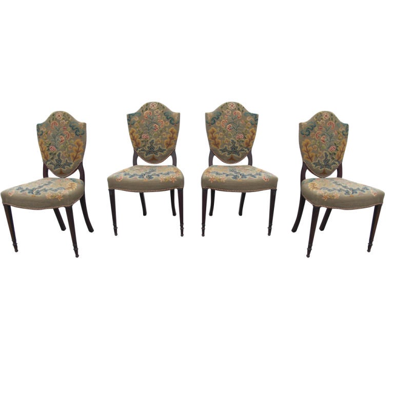 Set of 4 vintage shield back chairs with petit point  upholstery