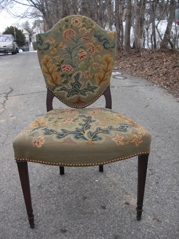English Set of 4 vintage shield back chairs with petit point  upholstery