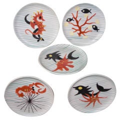 Set of 5 1950's French "sealife"  Vallauris ceramic plates