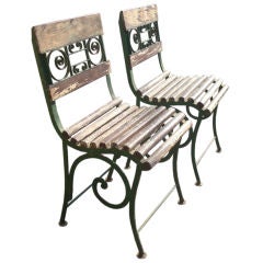 Antique Pair of French iron and wood garden chairs circa 1900