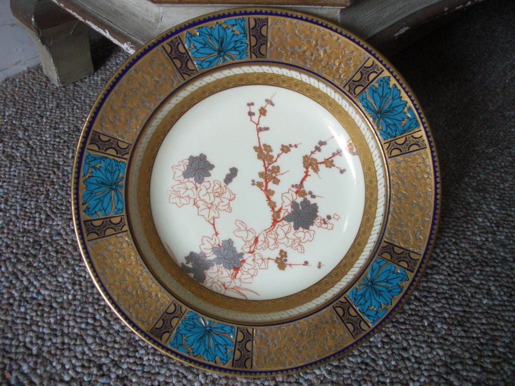 A beautiful set of 10 porcelain soup plates / bowls decorated in gilded and painted colors , in the Japanesque style. Marked on the back by the preeminent company Gilman Collamore and Co. Union Square New York. They surely did not manufacture the