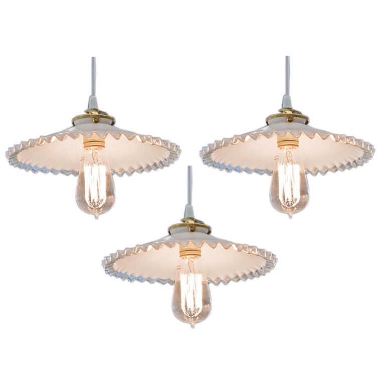 French Hanging Light Fixtures with Antique Shades, circa 1900 For Sale