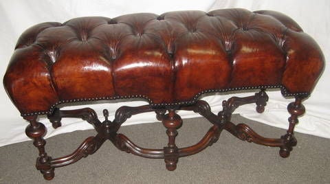 19th C. English Leather Tufted Bench