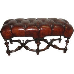 19th C. English Leather Tufted Bench