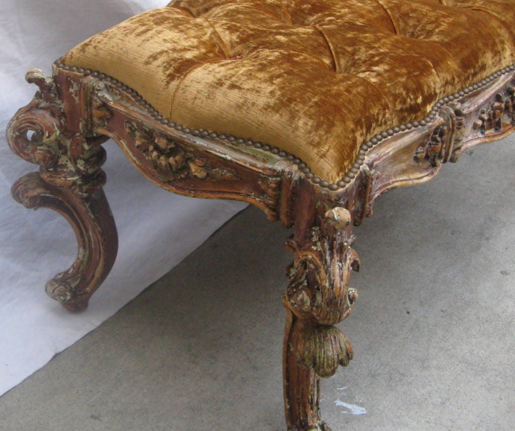 Mid-20th Century French Carved & Painted Upholstered Bench C. 1930's