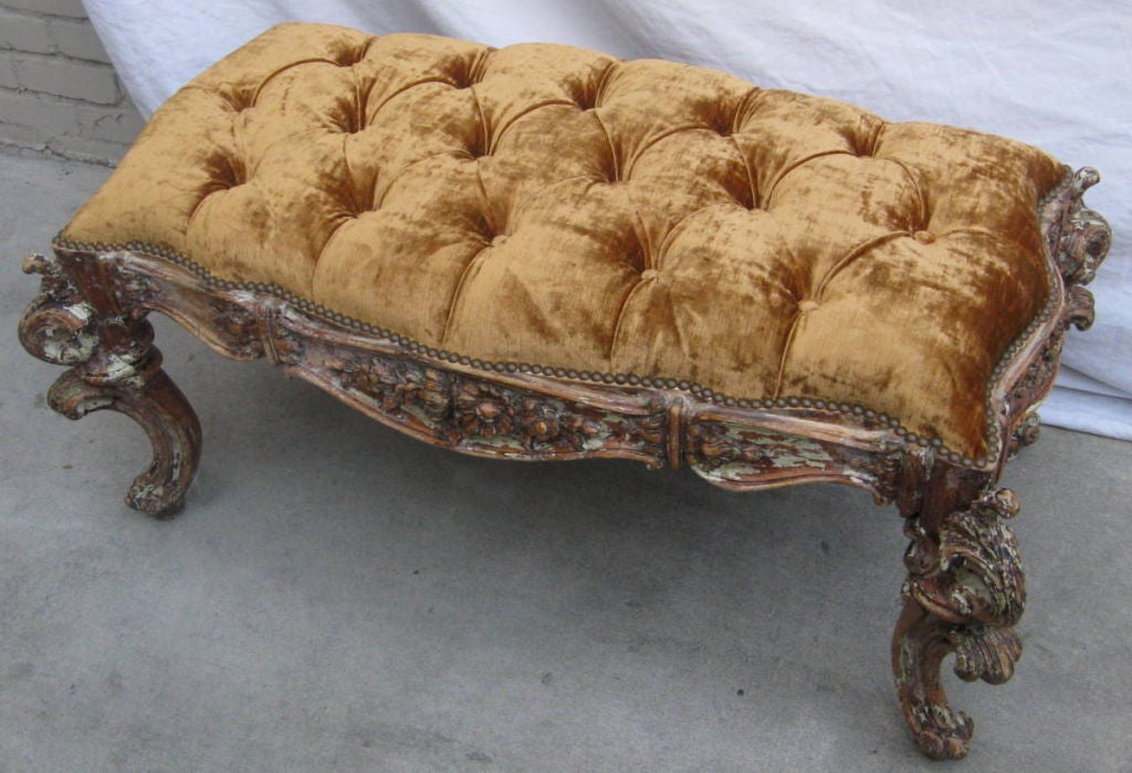 French Carved & Painted Upholstered Bench C. 1930's 1