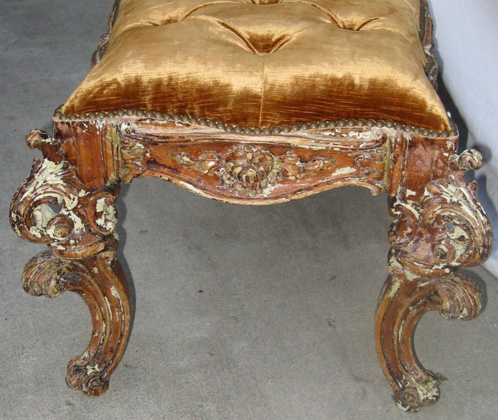 Wood French Carved & Painted Upholstered Bench C. 1930's