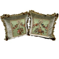 Pair of 19th C. French Embroidered Pillows with Tassel Fringe