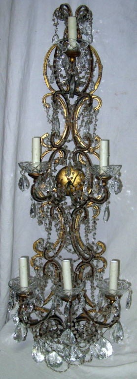 Crystal Pair of Vintage French Six Arm Sconces C. 1930's