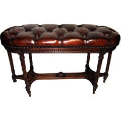French Carved Walnut Leather Bench C. 1900's