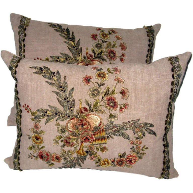 Pair of 19th C. French Appliqued Linen Pillows For Sale at 1stdibs