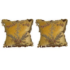 Antique Pair of 19th C. French Metallic & Chenille Appliqued Pillows