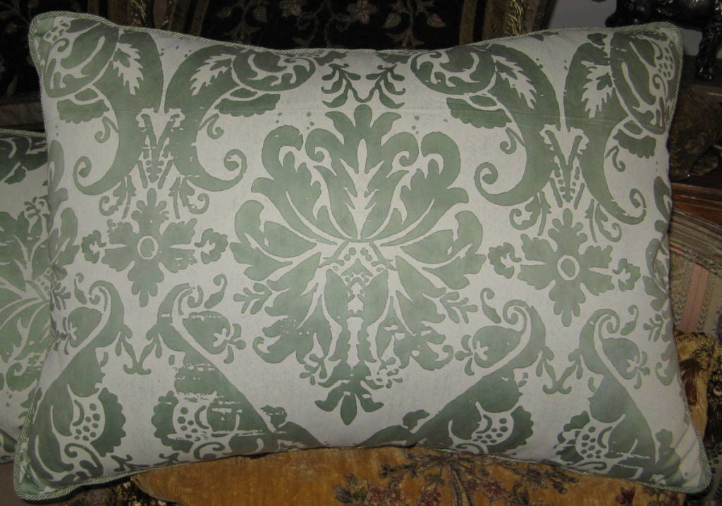 Title: Pair of Authentic Fortuny Pillows
Country: Italy
Period: circa 1930's-1940's-Fortuny

Description: Authentic Fortuny pillows stamped on light cream/green background. Mariano Fortuny was a genius in developing his new printing techniques.