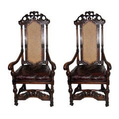Pair of 19th C. Flemish-Style Carved Mahogany Armchairs