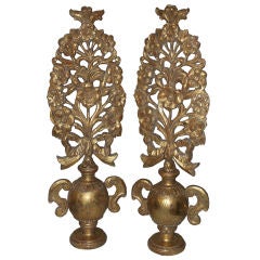 Pair of Italian Giltwood Urns with Carved Flowers C. 1900