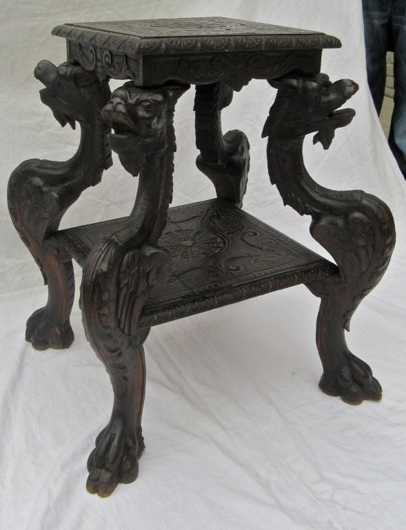 Italian 19th C. Ornate Carved Walnut Two Tiered Dragon Table