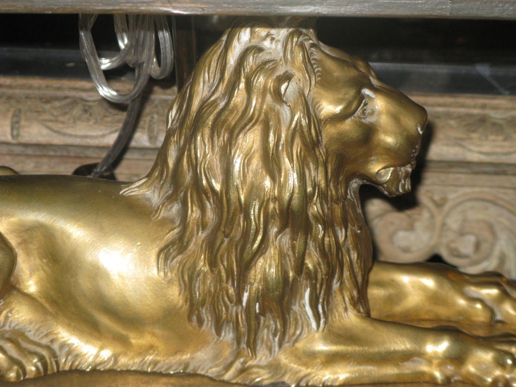 French Bronze Lion Table/Desk Lamp with Custom Shade C. 1900