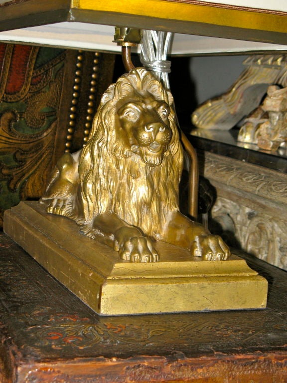 20th Century Bronze Lion Table/Desk Lamp with Custom Shade C. 1900