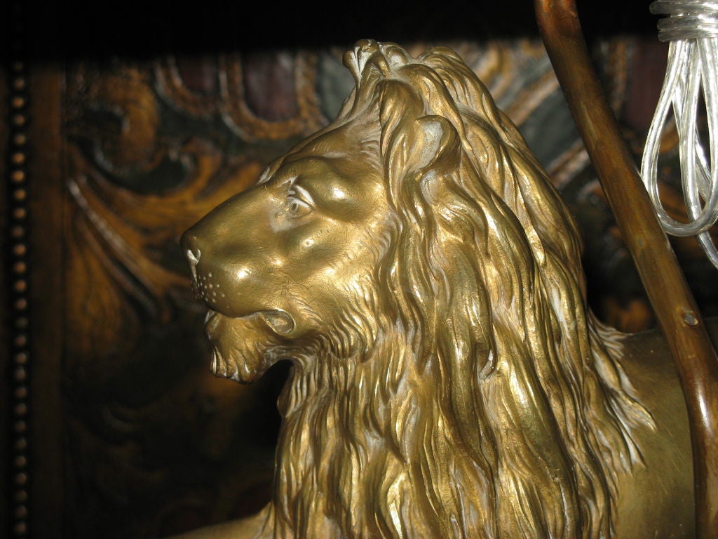 Bronze Lion Table/Desk Lamp with Custom Shade C. 1900 2