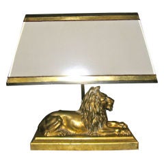 Bronze Lion Table/Desk Lamp with Custom Shade C. 1900