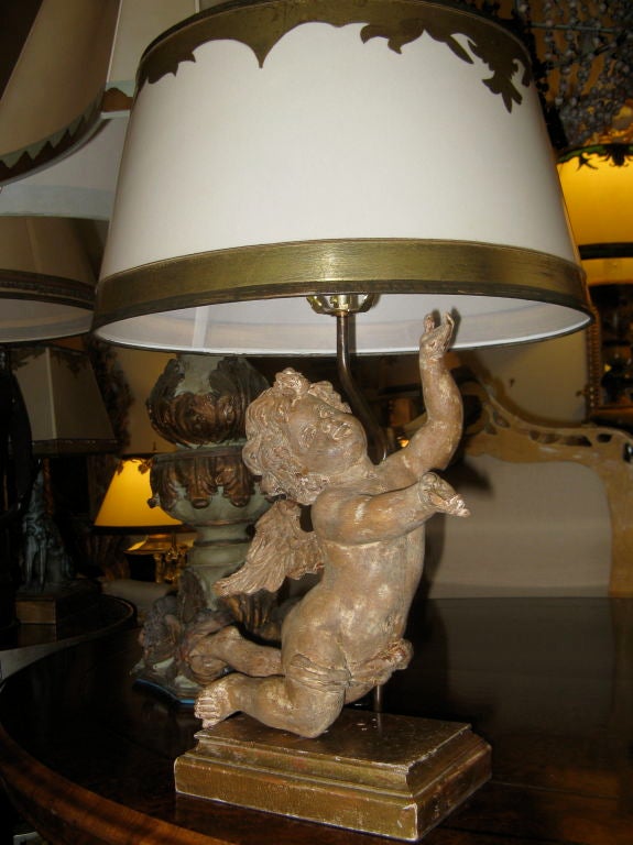 Gilt Pair of Italian Carved Cherub Lamps with Custom Shades