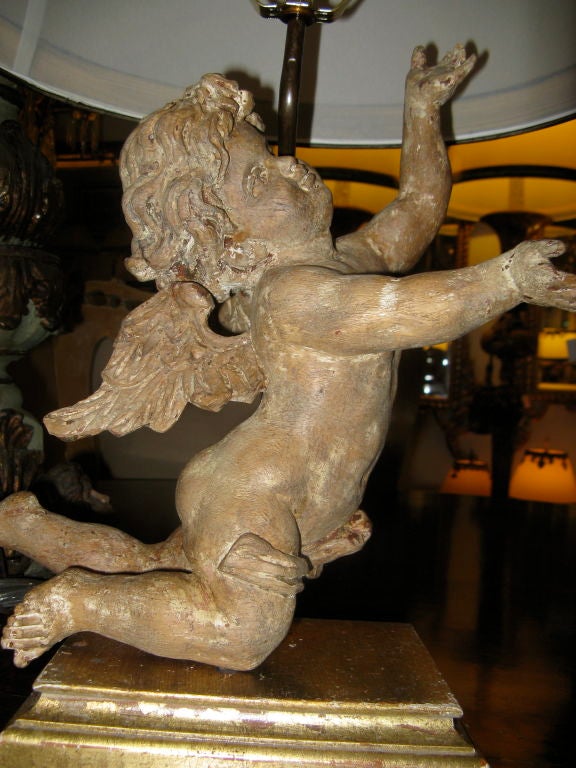 Mid-20th Century Pair of Italian Carved Cherub Lamps with Custom Shades