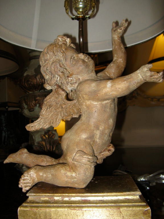 Pair of Italian Carved Cherub Lamps with Custom Shades 3