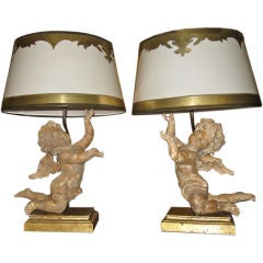 Vintage Pair of Italian Carved Cherub Lamps with Custom Shades
