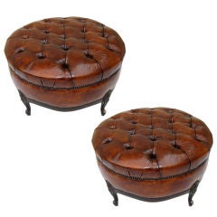 Antique Pair of French Leather Tufted Benches C. 1920's
