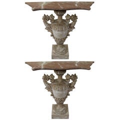 Pair of Carved Italian Urn Consoles with Marble Tops C. 1920's