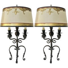 Pair of Spanish 3-light Lamps with Hand Painted Parchment Shades