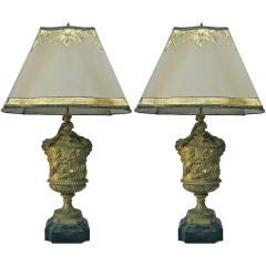 Pair of 19th C. Bronze Cherub Lamps with Hand Painted Shades